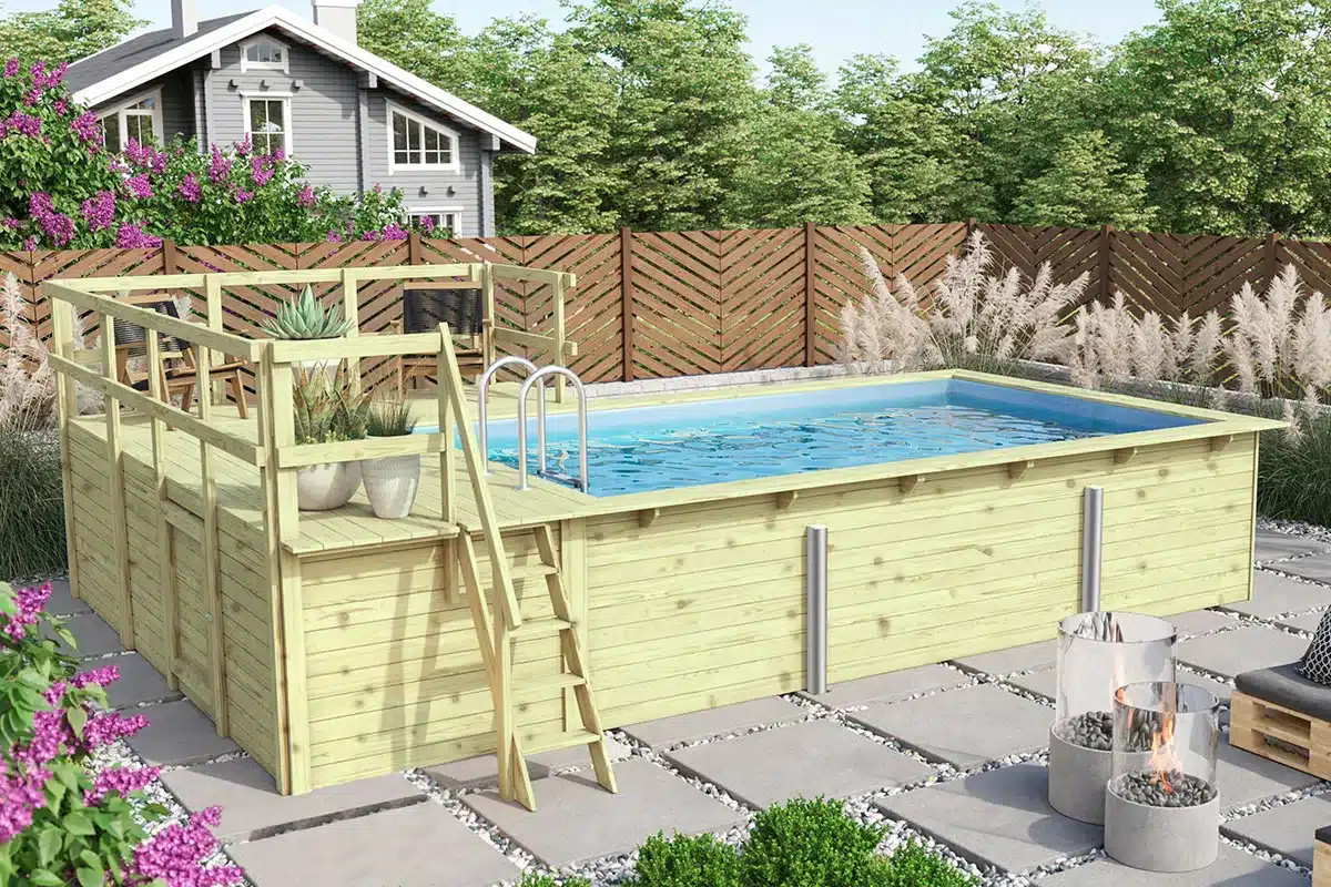 Karibu | Zwembad Rechthoek 3 met Filterpakket Klein en Terras 3,5 en Zijterras