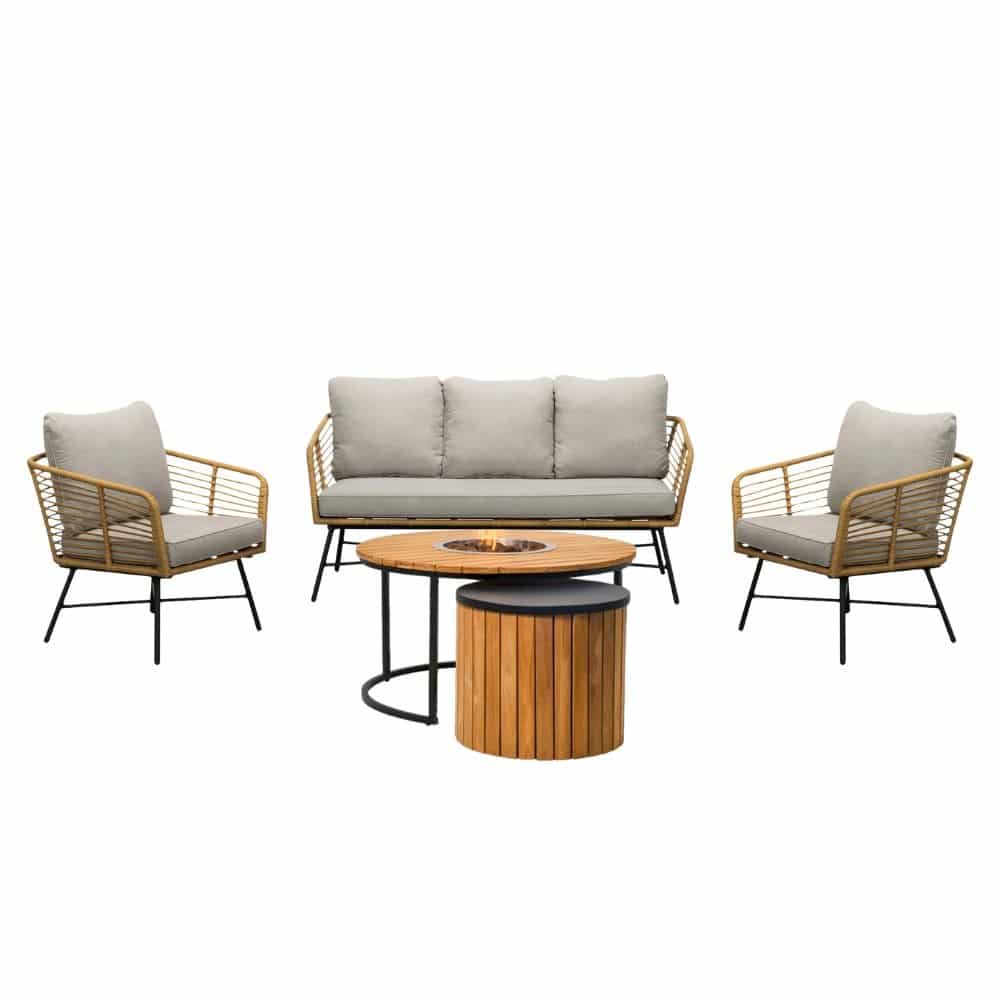 Flow/Roundi stoel-bank loungeset met vuurtafel 5 personen | wicker + aluminium | Bamboo taupe | 3-delig