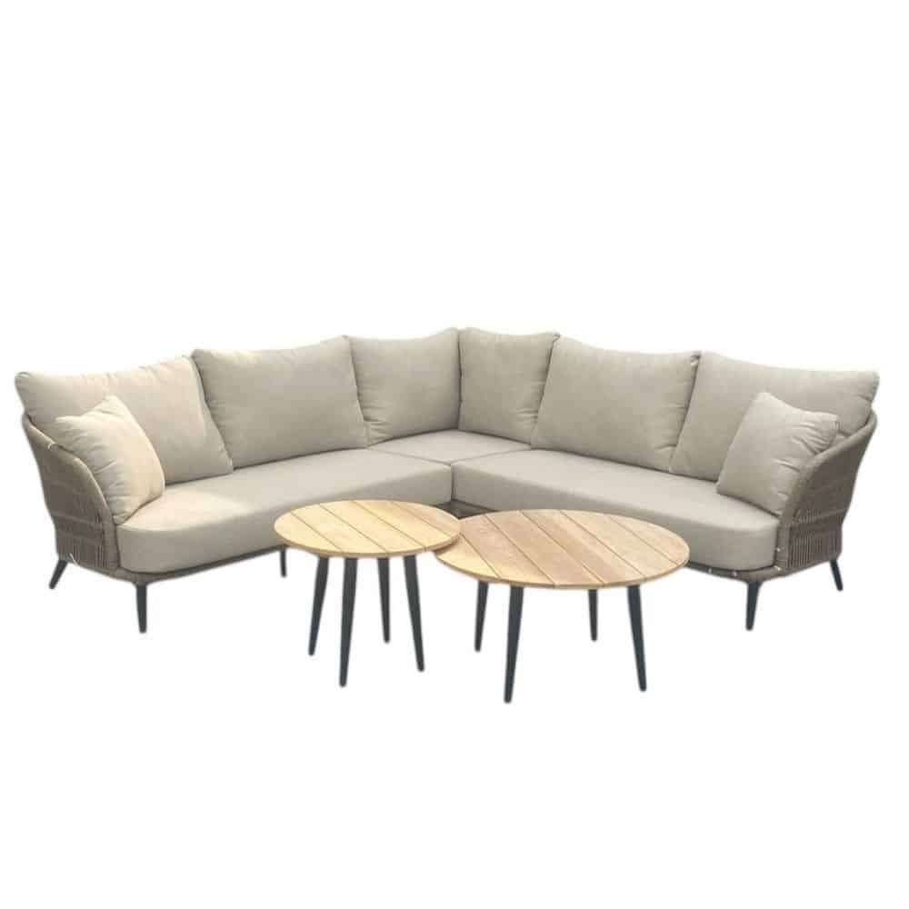 Palermo hoek loungeset met teak tafels 5 personen | aluminium + touw | Sahara Dust | 6-delig - 230x230cm