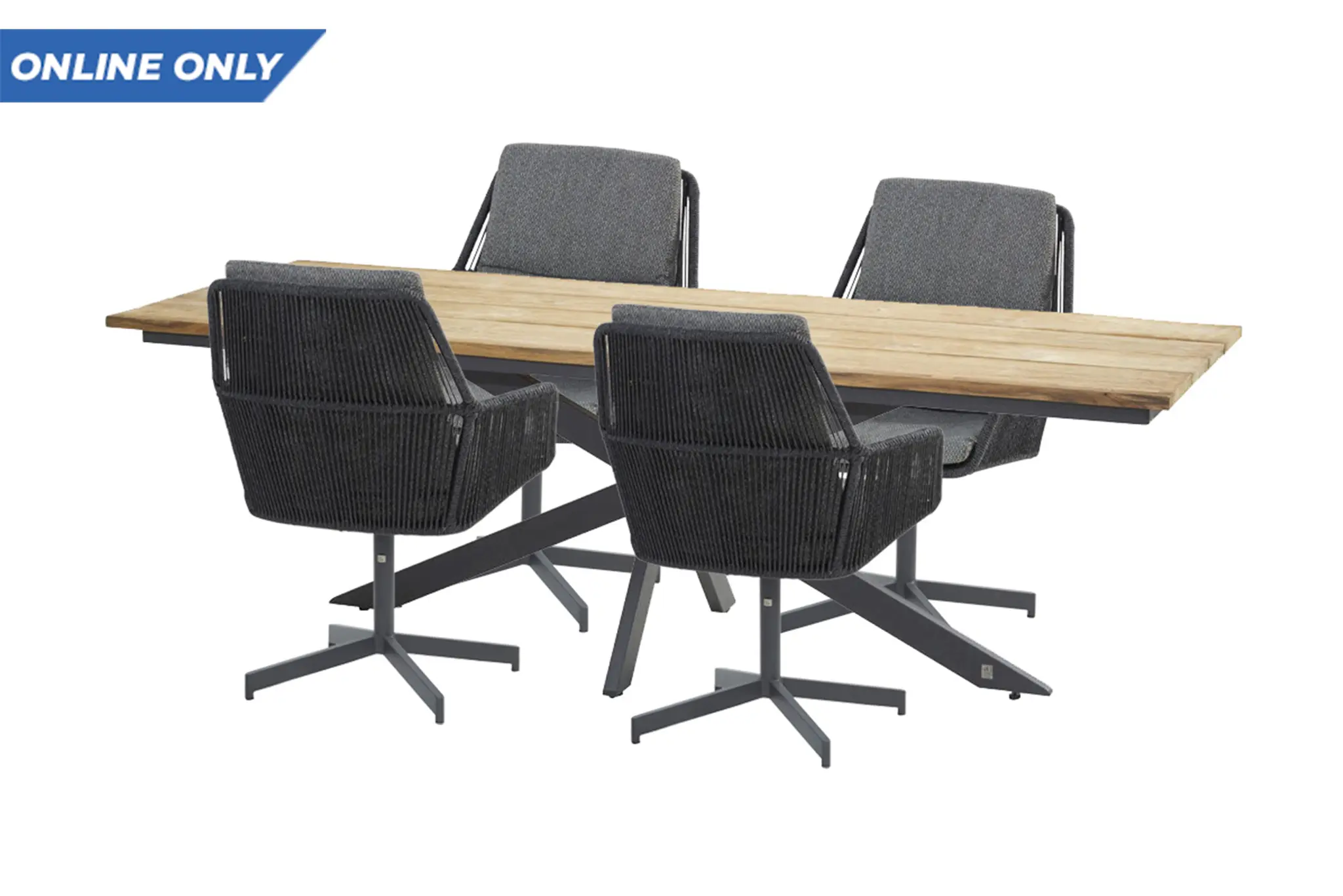 Robusto teak tafelblad 220 X 95 cm met Minerva frame en 4 Primavera diningstoelen