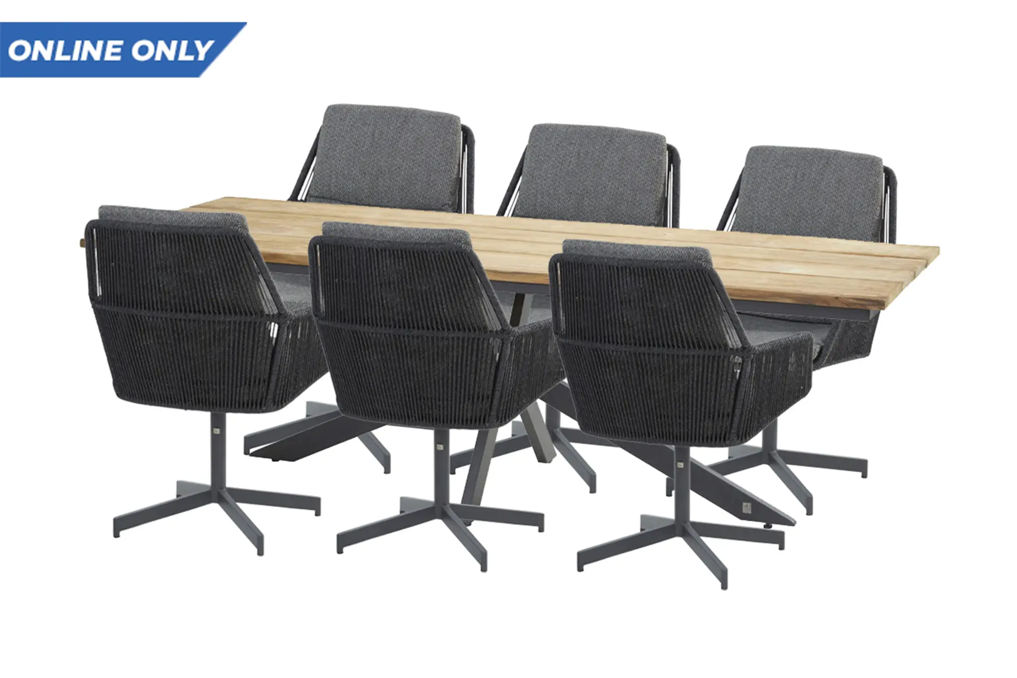 Robusto teak tafelblad 280 X 95 cm met Minerva frame en 6 Primavera diningstoelen