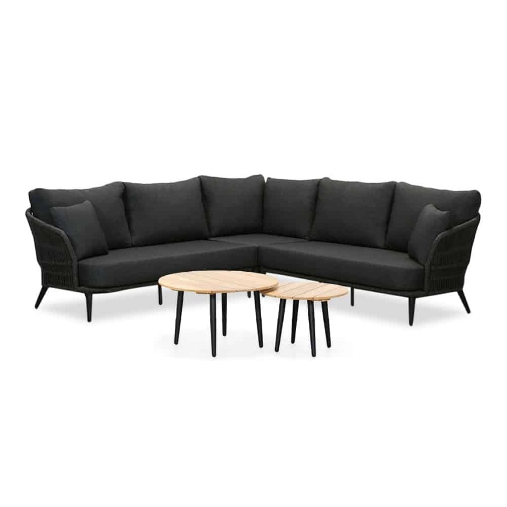 Palermo hoek loungeset met teak tafels 5 personen | aluminium + touw | Lava Grey | 6-delig