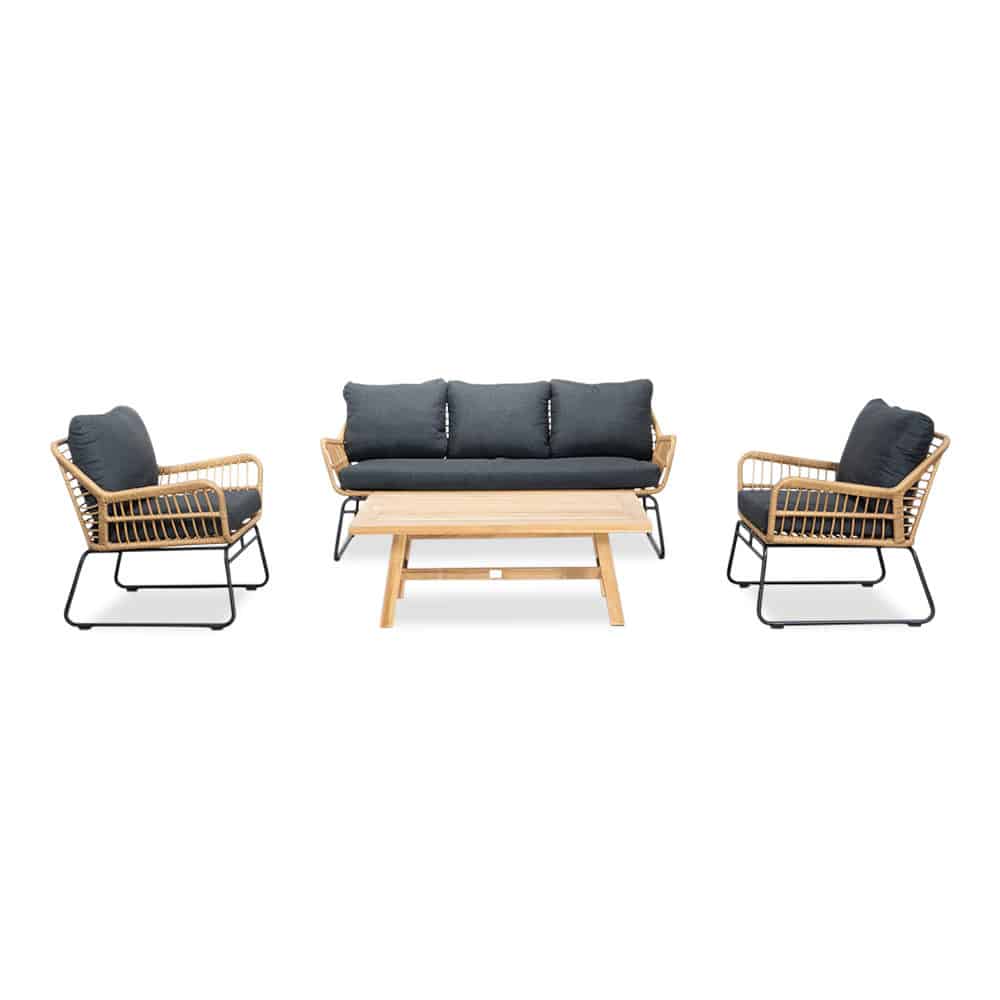 Alvaro stoel-bank loungeset 5 personen | wicker + hardhout | Bamboo antraciet | 4-delig