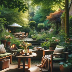 Gezellige groene tuin met bloemen en tuinmeubels
