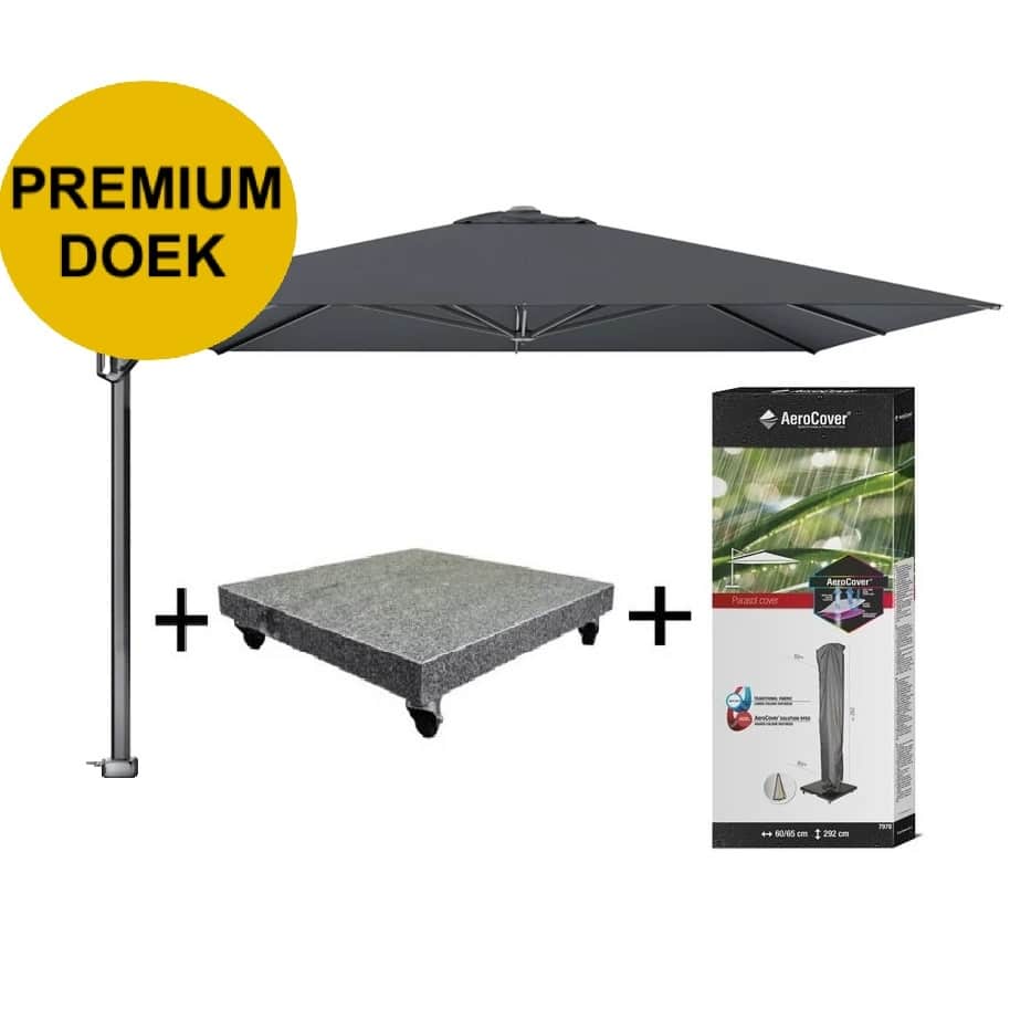 challenger t1 premium zweefparasol 350×350 cm faded black met parasolvoet 120kg en hoes