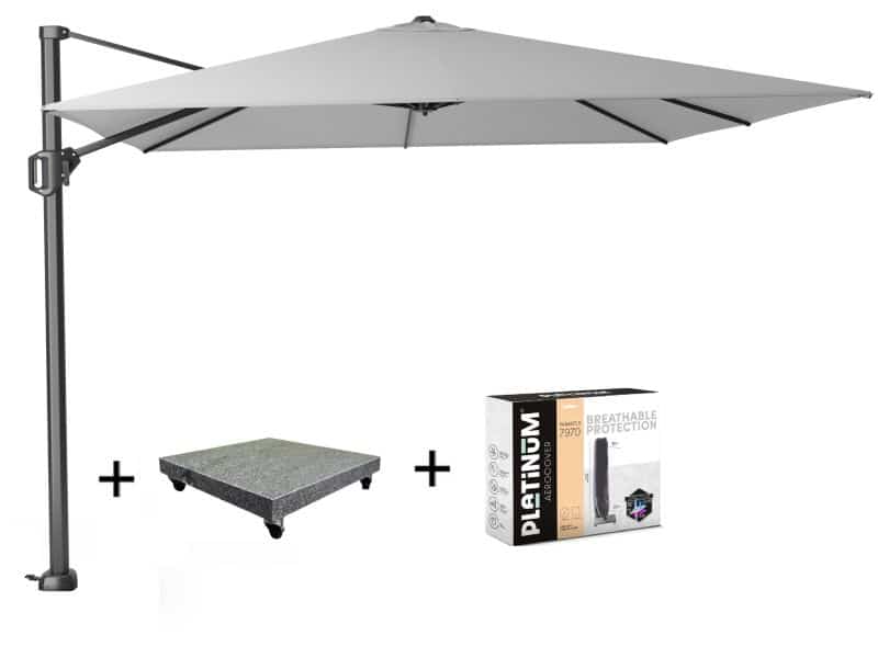 Challenger T1 zweefparasol 300x300 cm lichtgrijs met 90KG voet en hoes