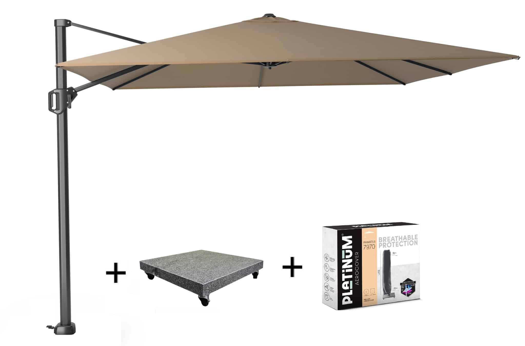 challenger t1 zweefparasol 300×300 cm taupe met parasolvoet 90kg en hoes