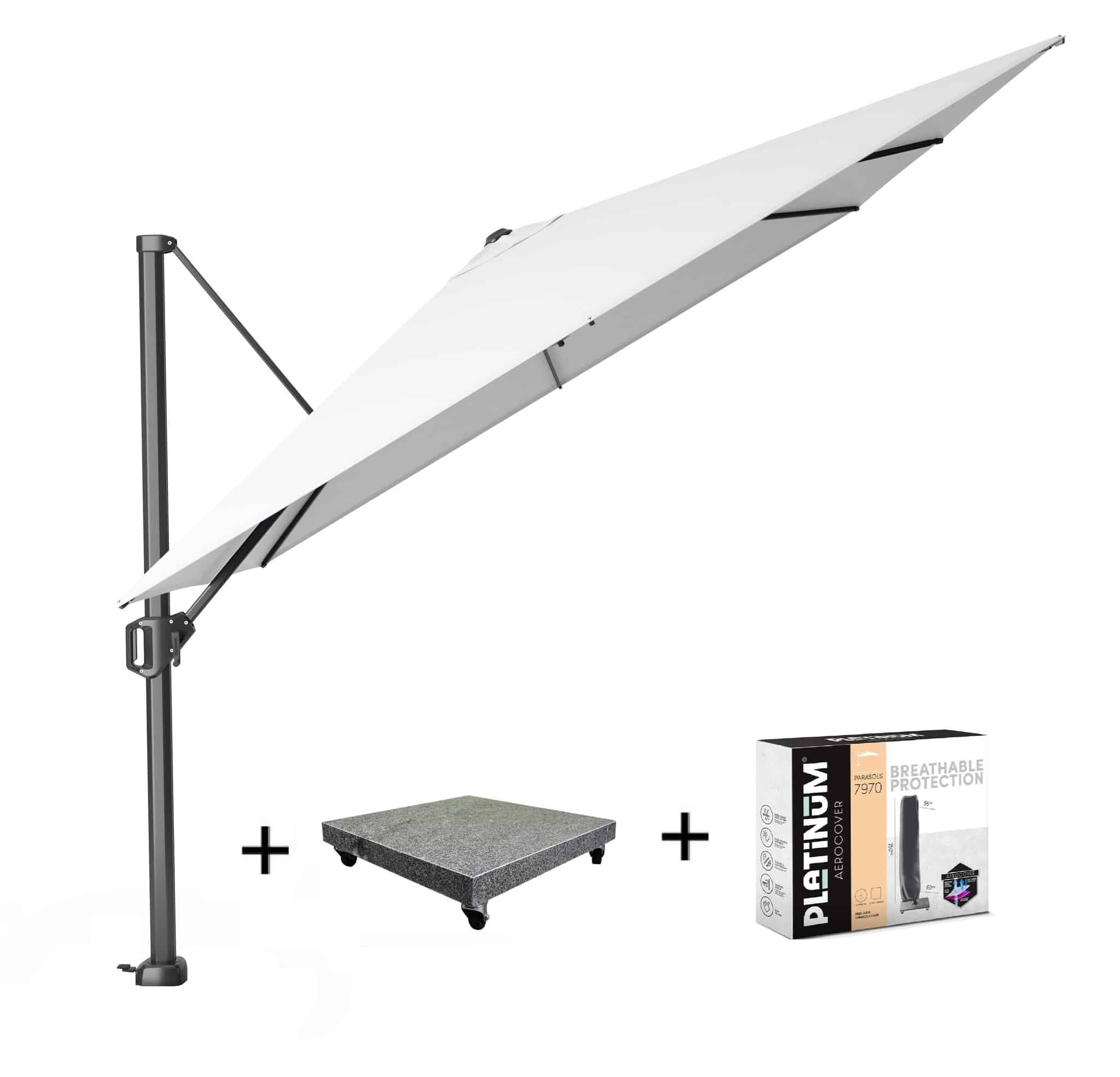 challenger t1 zweefparasol 300×300 cm wit met parasolvoet 90kg en hoes