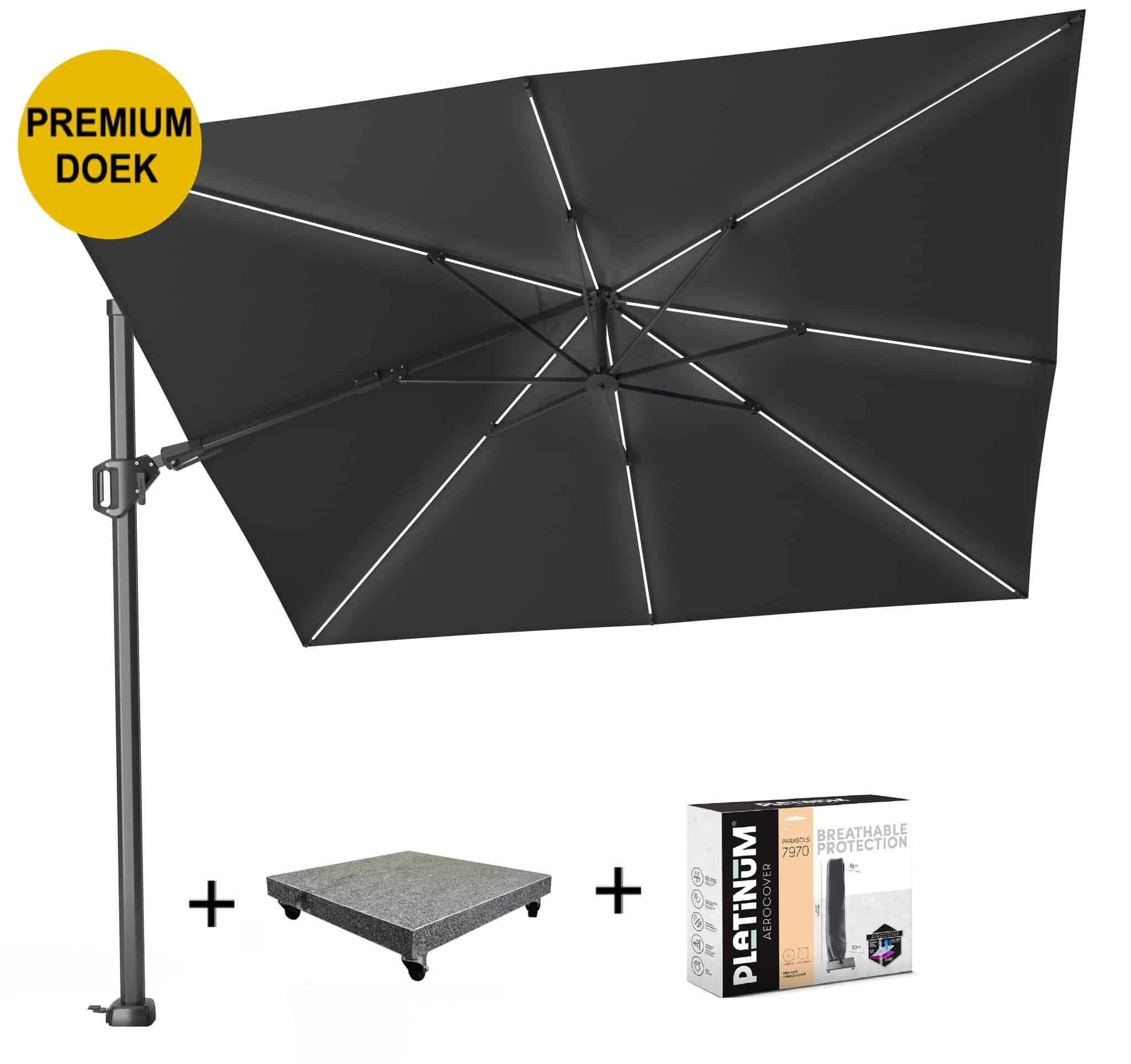 challenger t2 glow premium parasol 300×300 cm antraciet faded black met 90kg voet en hoes