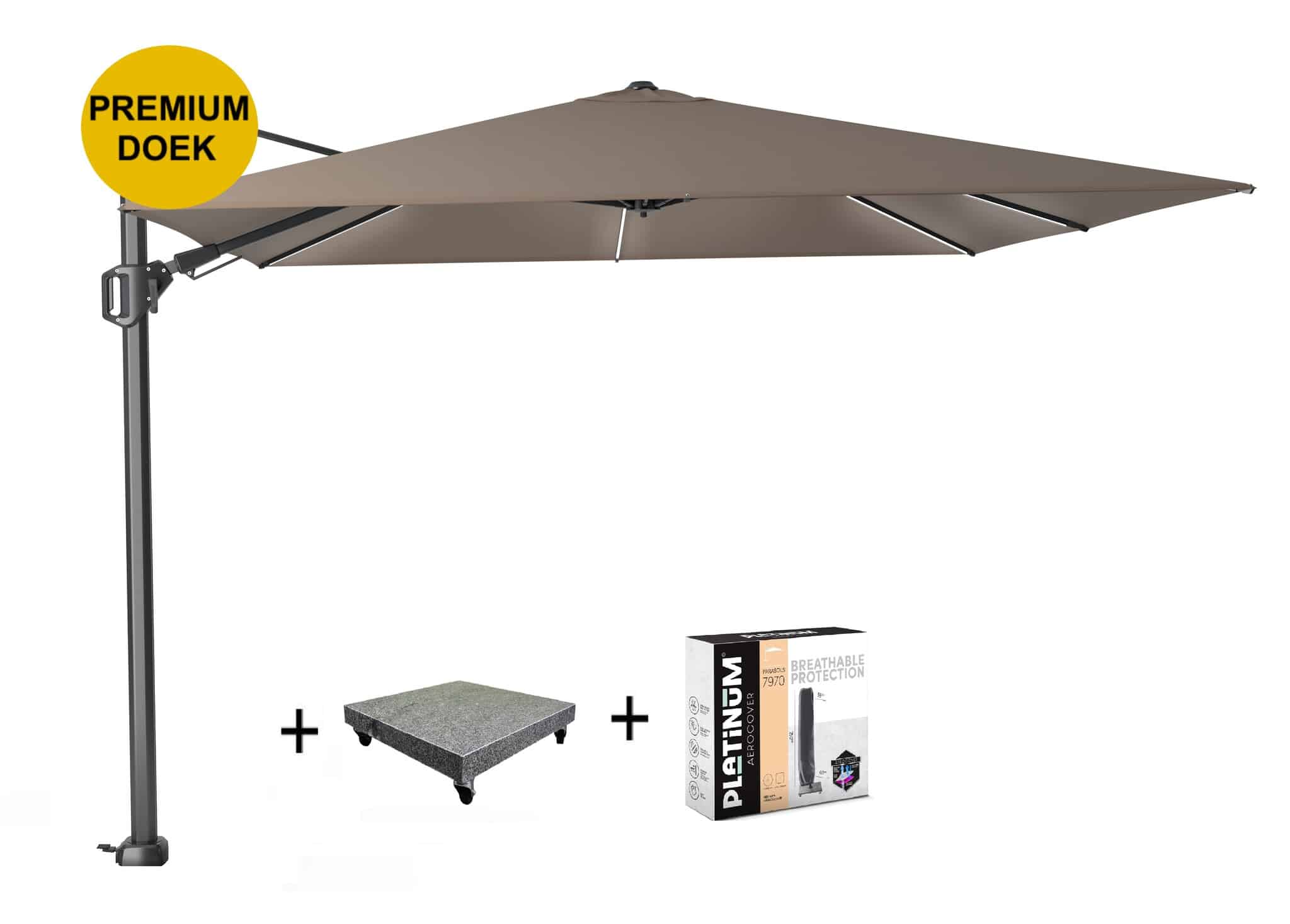 challenger t2 glow premium parasol 300×300 cm antraciet havanna met 90kg voet en hoes