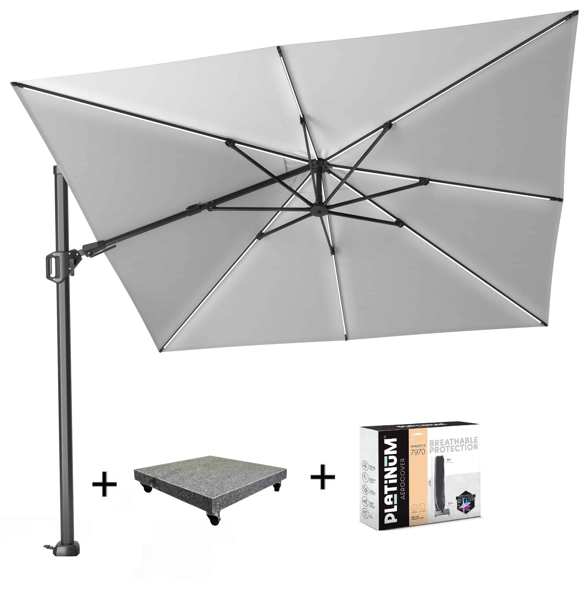 challenger t2 glow zweefparasol 300×300 cm lichtgrijs met 120kg voet en hoes