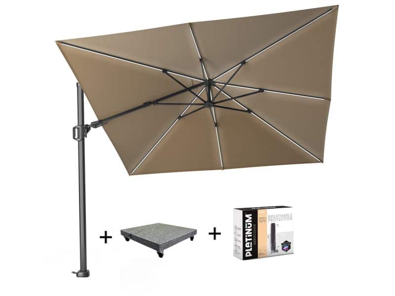 Challenger T2 glow zweefparasol 300x300 cm taupe met 90KG voet en hoes