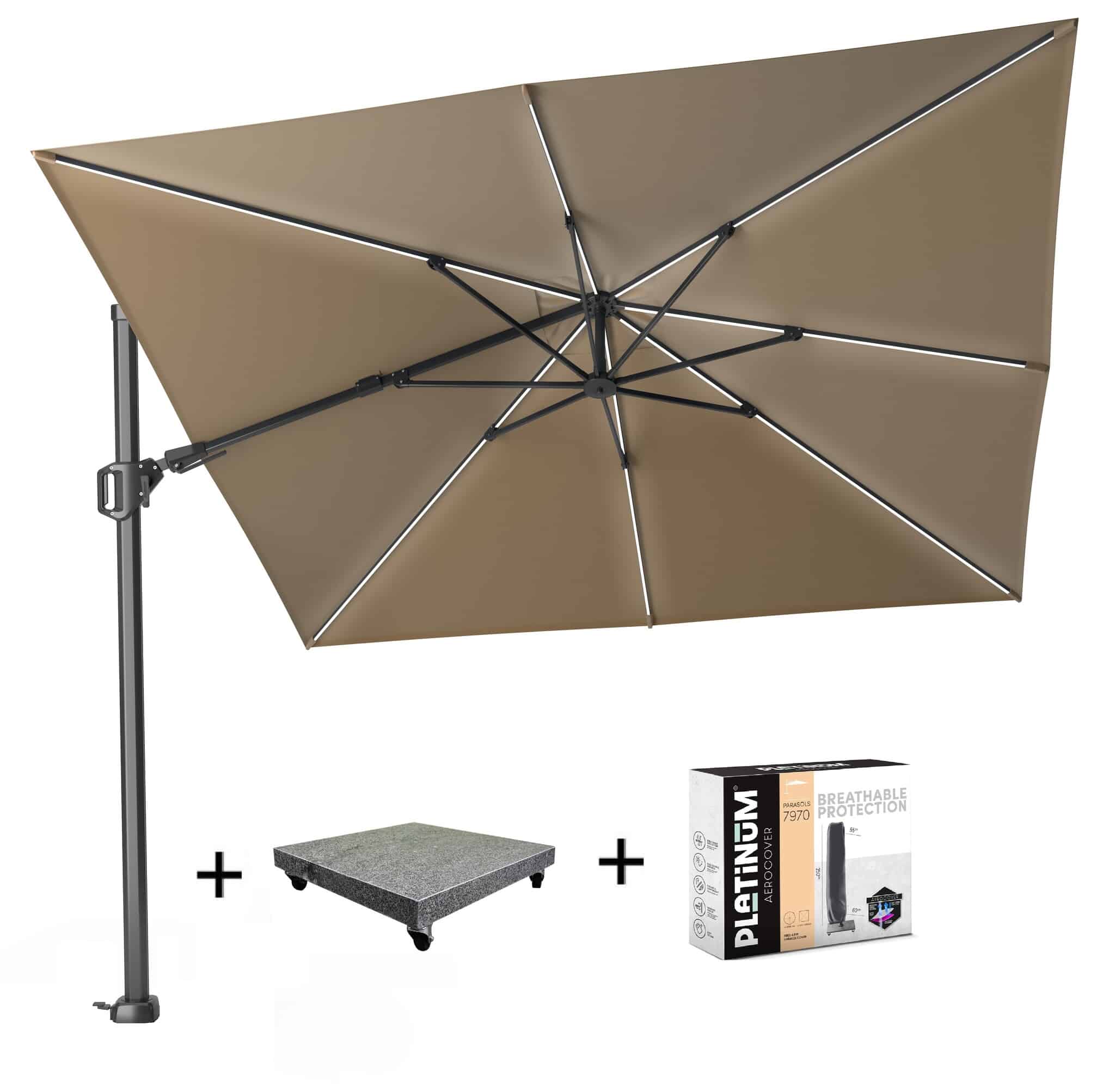 challenger t2 glow zweefparasol 300×300 cm taupe met 90kg voet en hoes