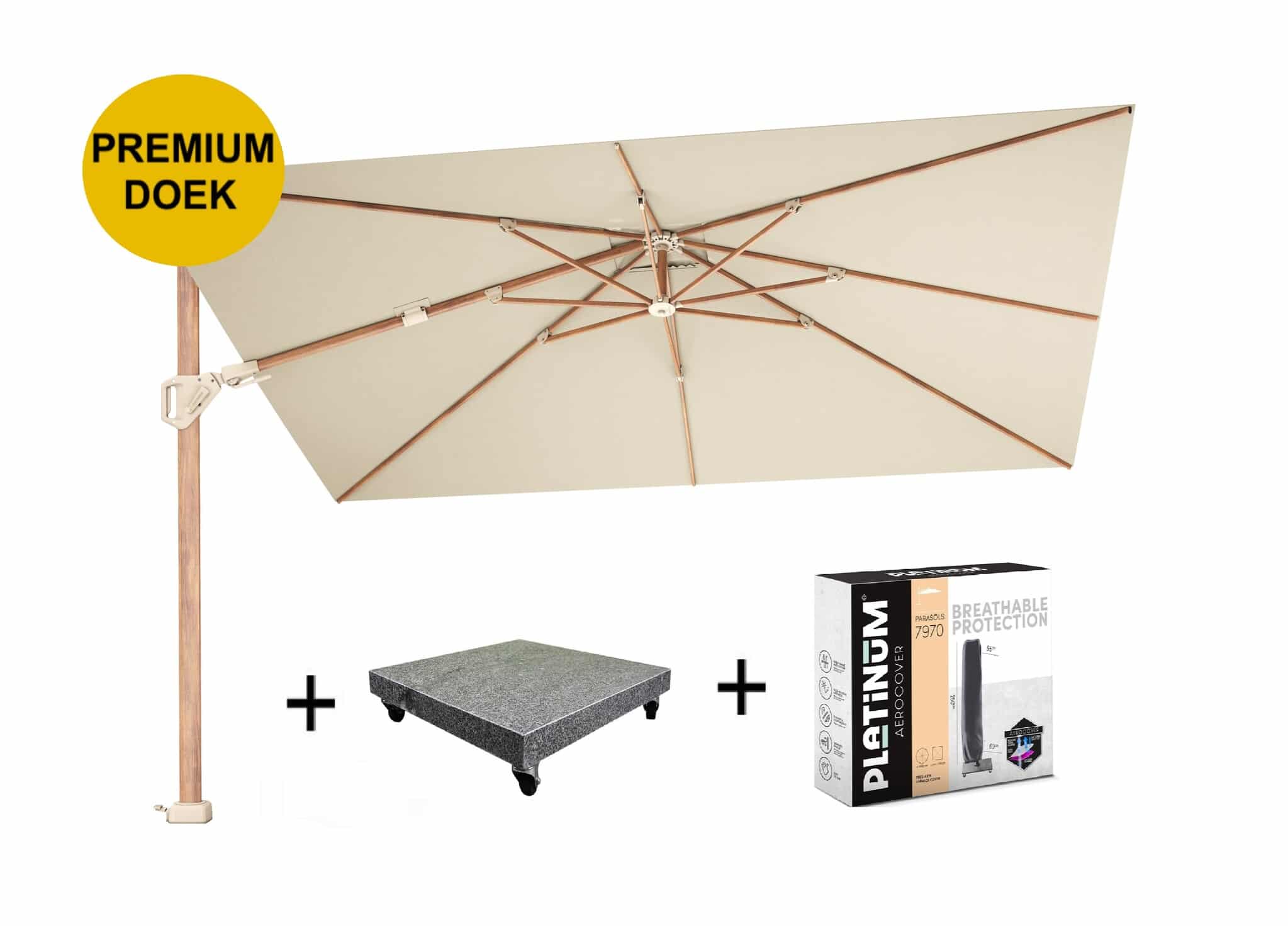 challenger t2 premium parasol 260×350 cm teak champagne met 90kg voet en hoes