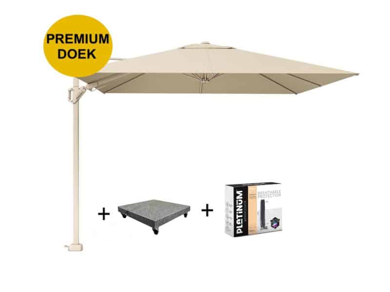Challenger T2 premium parasol 300x300 cm sandstone champagne met 120KG voet en hoes