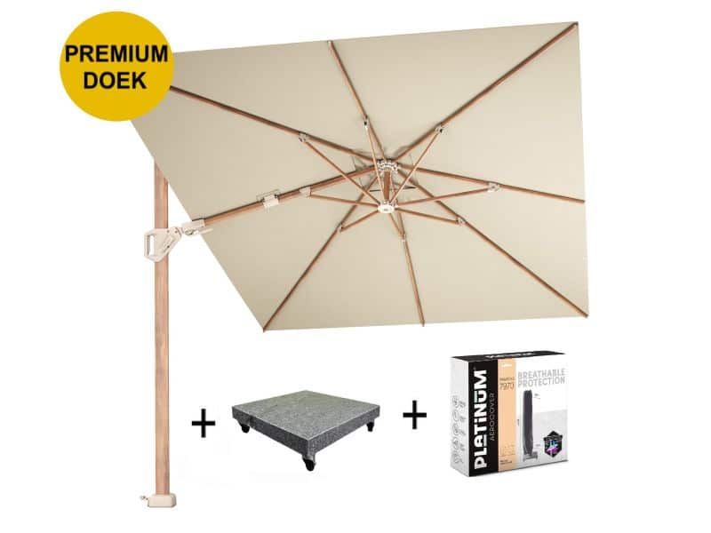 Challenger T2 premium parasol 350x260 cm teak champagne met 90KG voet en hoes