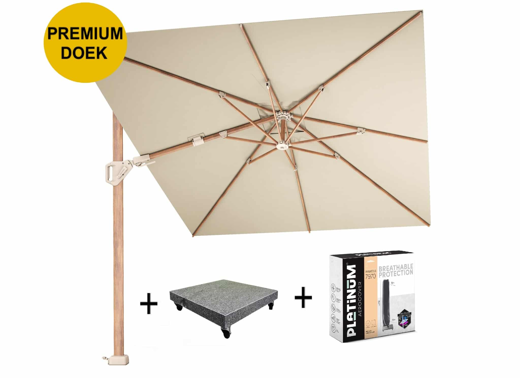 challenger t2 premium parasol 350×260 cm teak champagne met 90kg voet en hoes