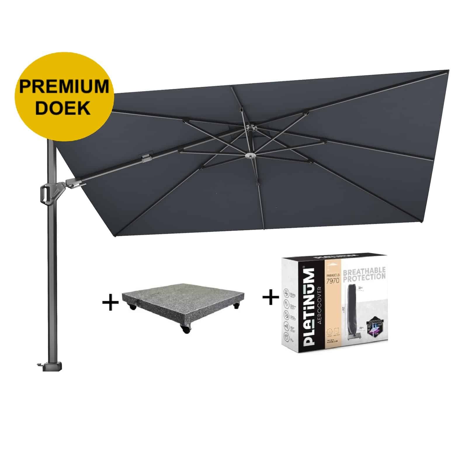 challenger t2 premium zweefparasol 260×350 cm faded black met parasolvoet 90kg en hoes