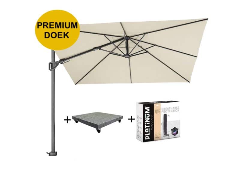 Challenger T2 premium zweefparasol 300x300 cm champagne met parasolvoet 90kg en hoes