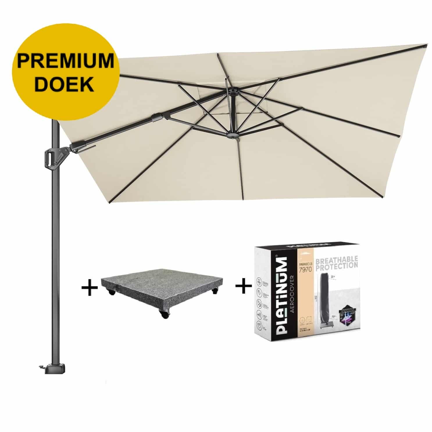 challenger t2 premium zweefparasol 300×300 cm champagne met parasolvoet 90kg en hoes