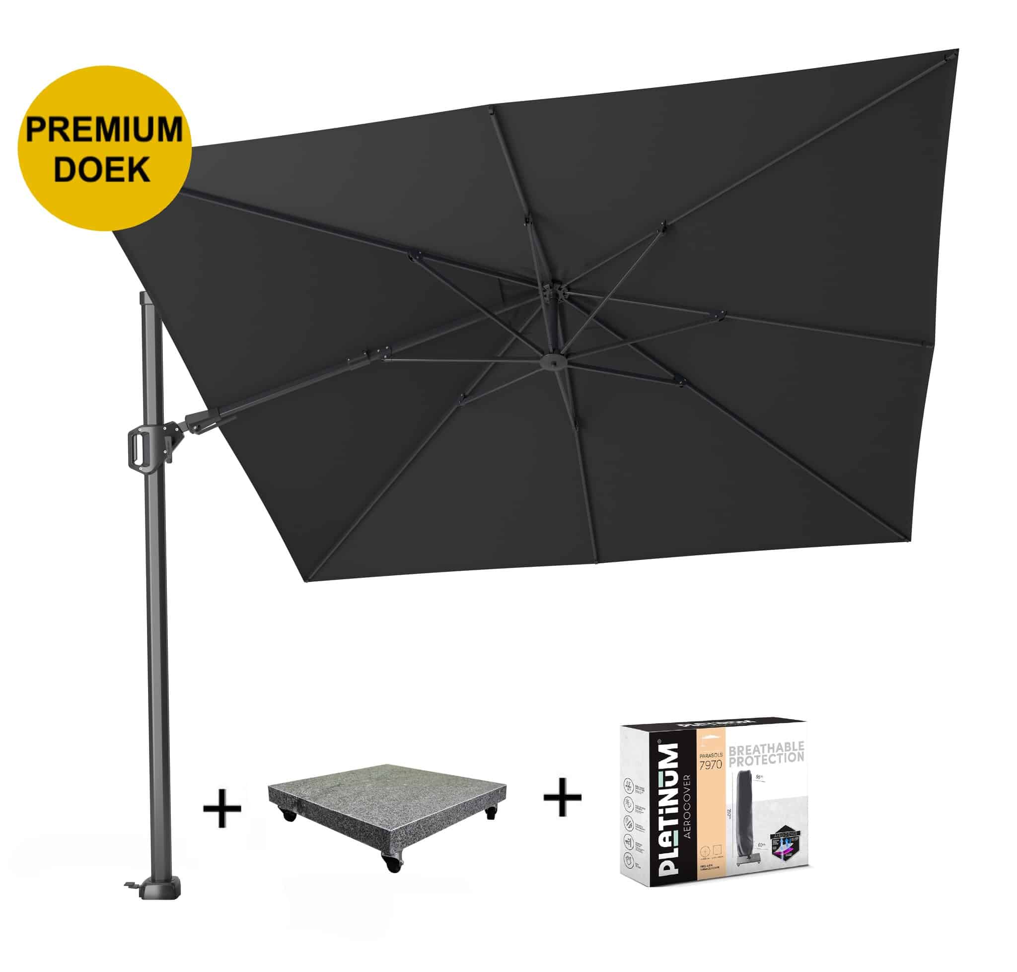 challenger t2 premium zweefparasol 300×300 cm faded black met 90kg voet en hoes
