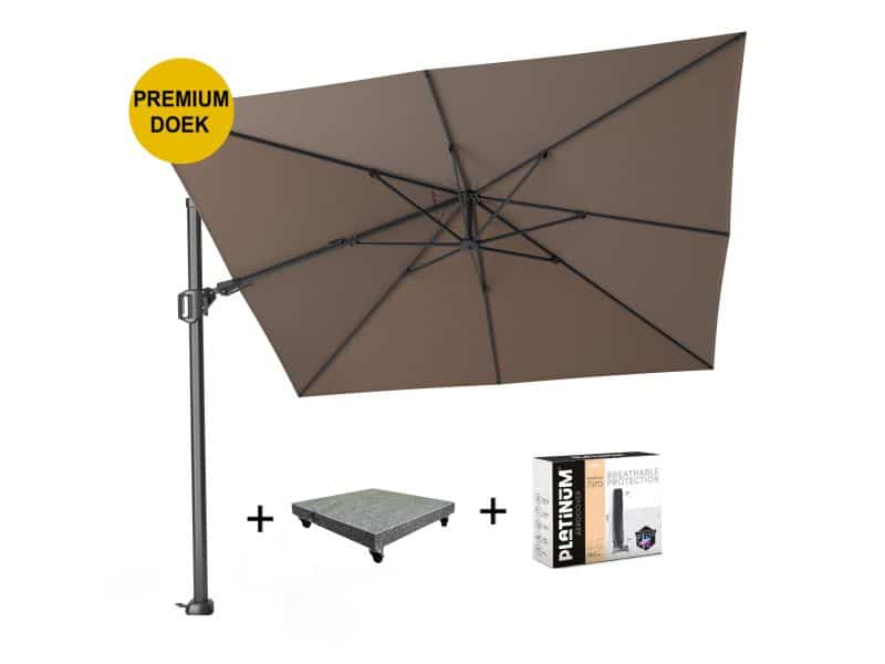 Challenger T2 premium zweefparasol 300x300 cm havanna met 90KG voet en hoes