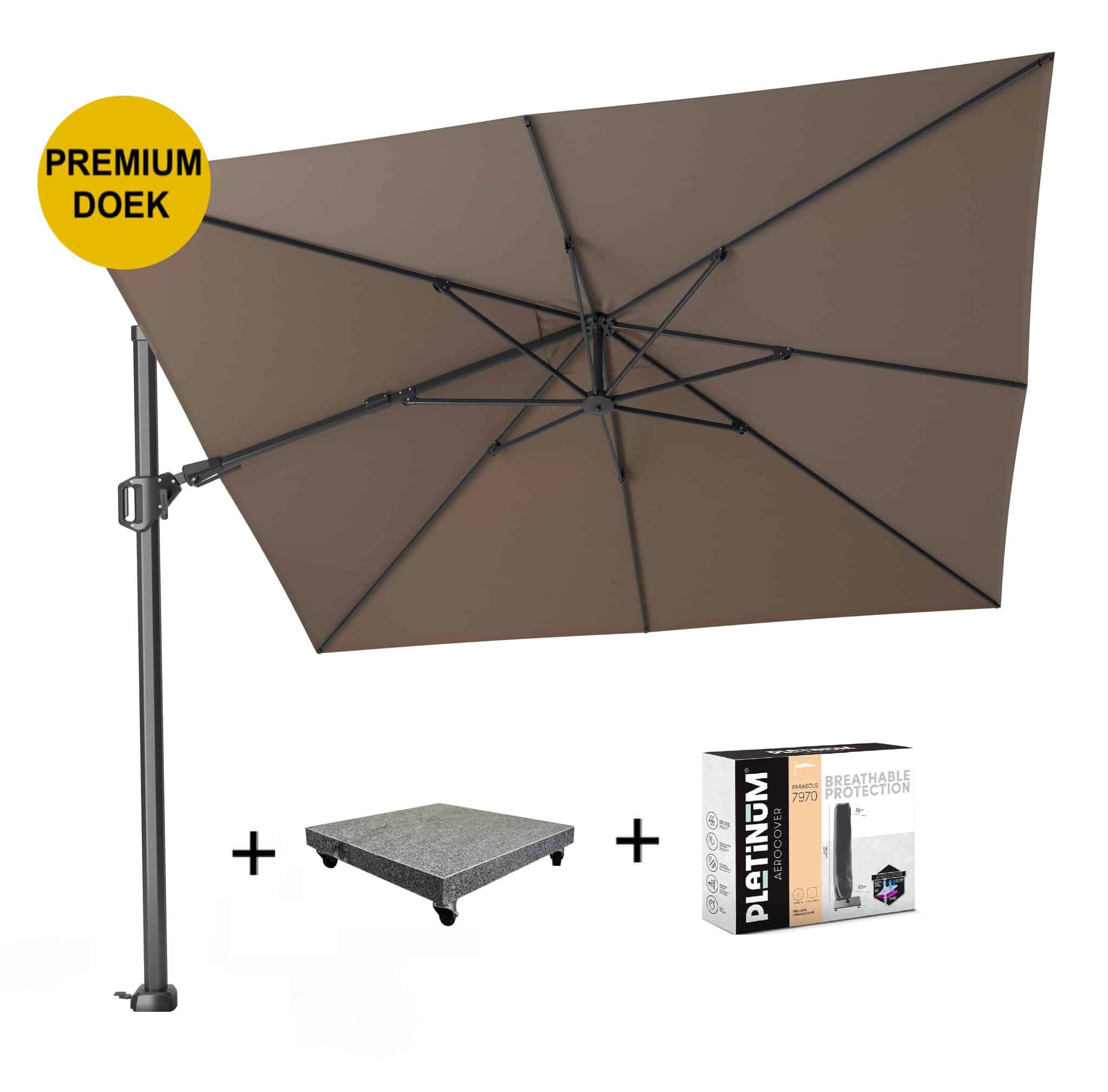 challenger t2 premium zweefparasol 300×300 cm havanna met 90kg voet en hoes