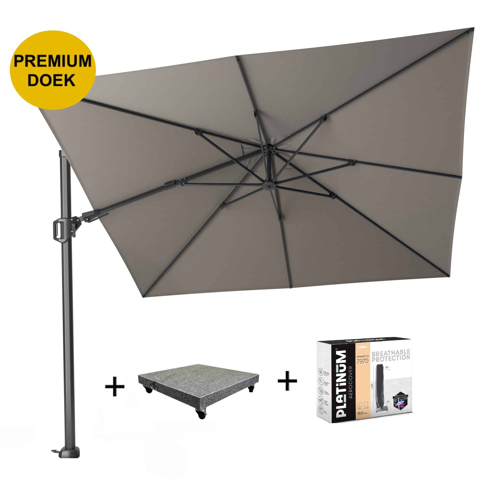 challenger t2 premium zweefparasol 300×300 cm manhattan met 90kg voet en hoes