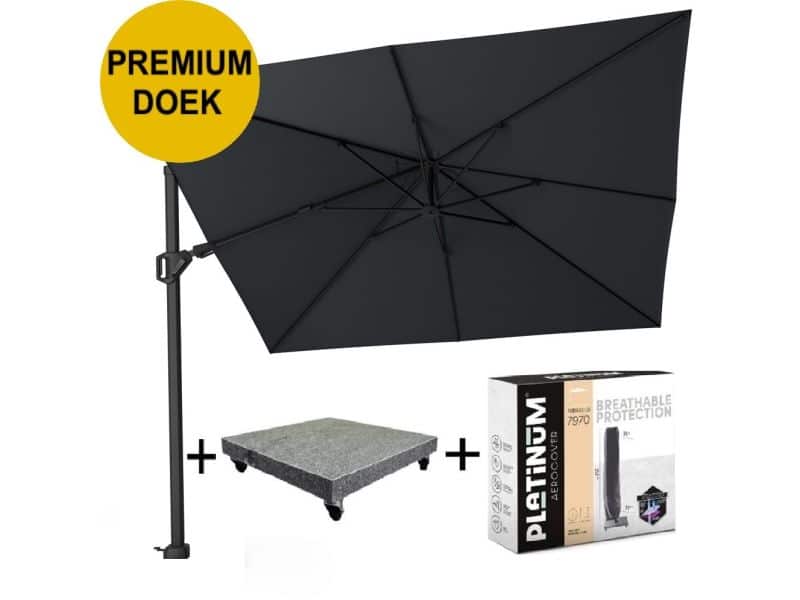 Challenger T2 premium zweefparasol 300x300 cm matt black mast jet black met parasolvoet 90KG voet en hoes