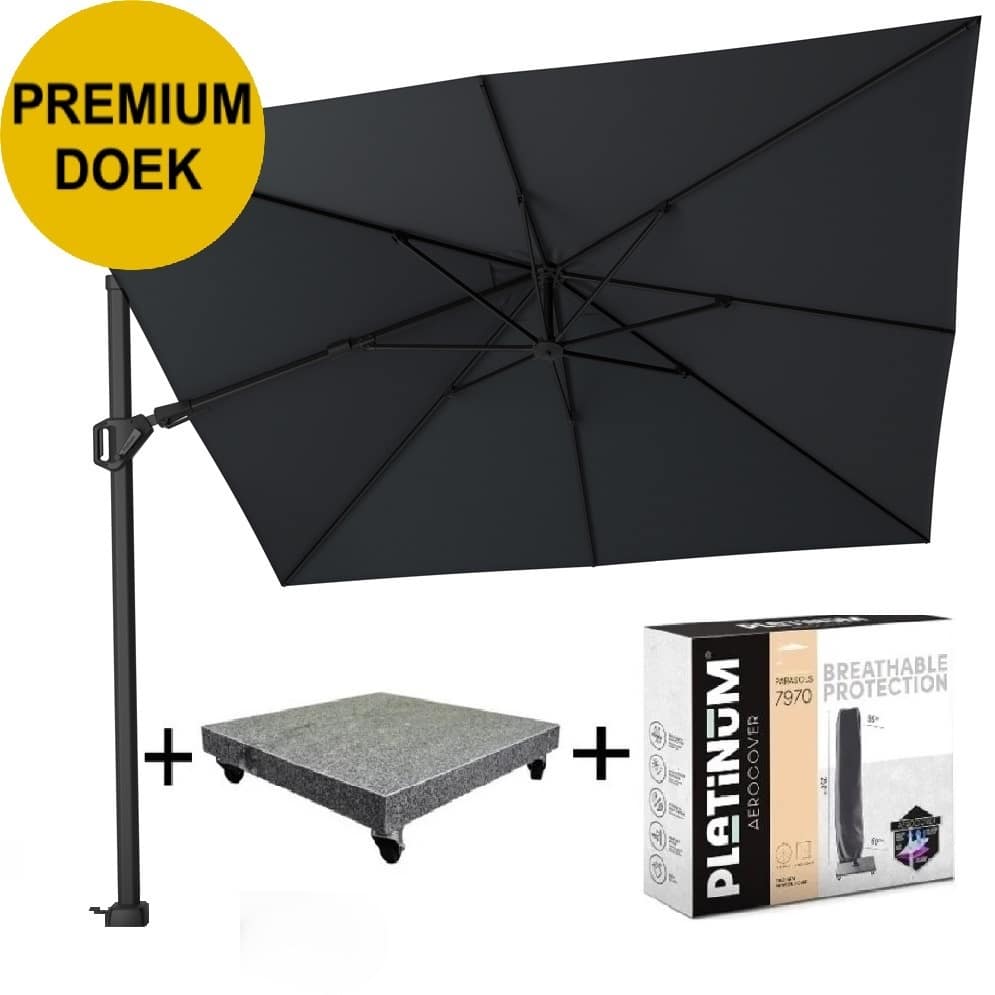 challenger t2 premium zweefparasol 300×300 cm matt black mast jet black met parasolvoet 90kg voet en hoes