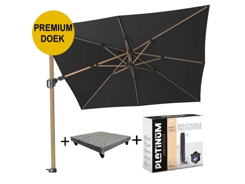 Challenger T2 premium zweefparasol 300x300 cm teak mast faded black met parasolvoet 90kg en hoes