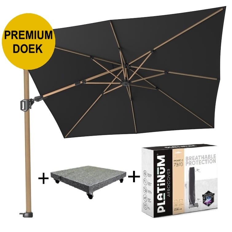 challenger t2 premium zweefparasol 300×300 cm teak mast faded black met parasolvoet 90kg en hoes