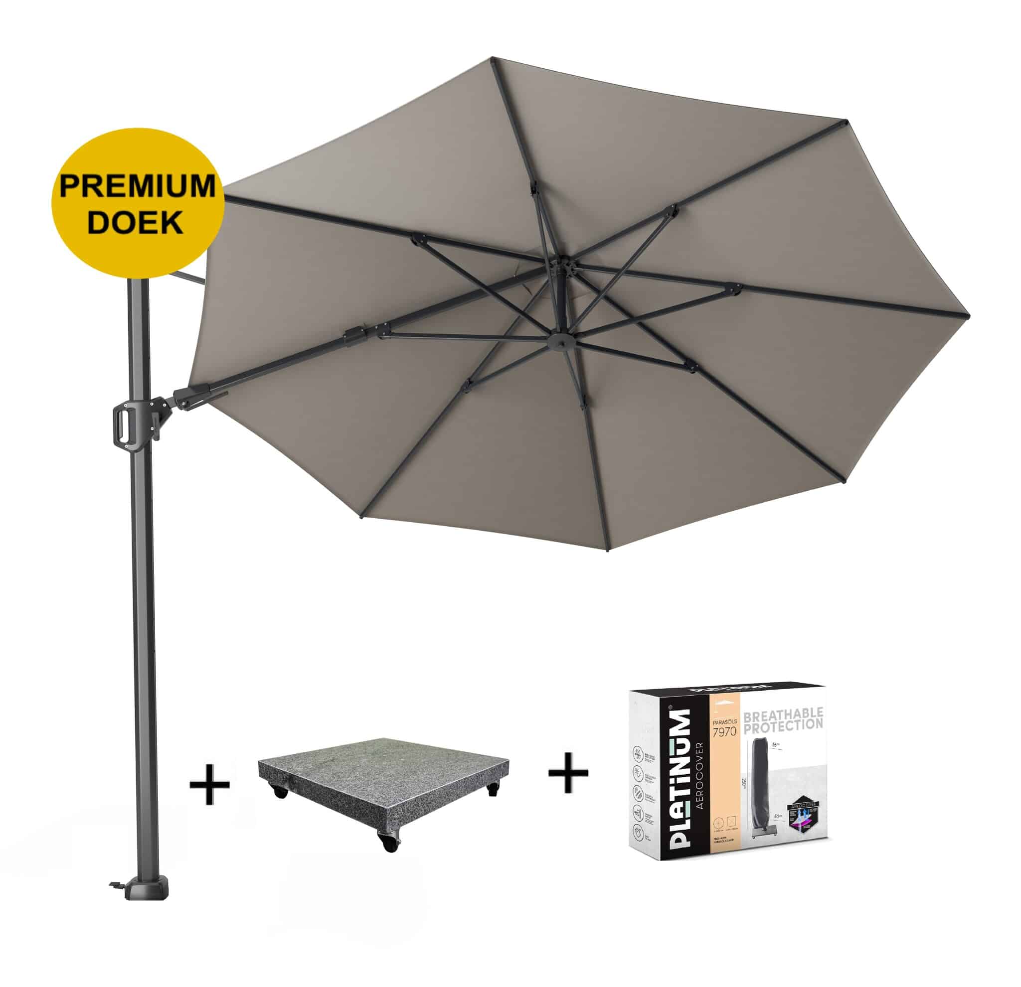 challenger t2 premium zweefparasol 350 cm rond manhattan met 90kg voet en hoes