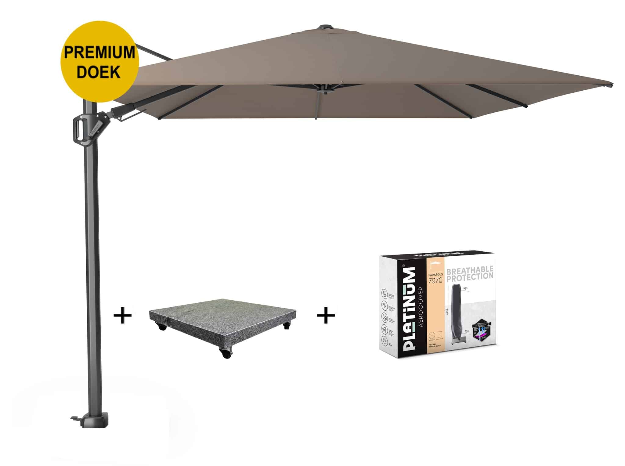 challenger t2 premium zweefparasol 350×260 cm havanna met parasolvoet 120kg en hoes
