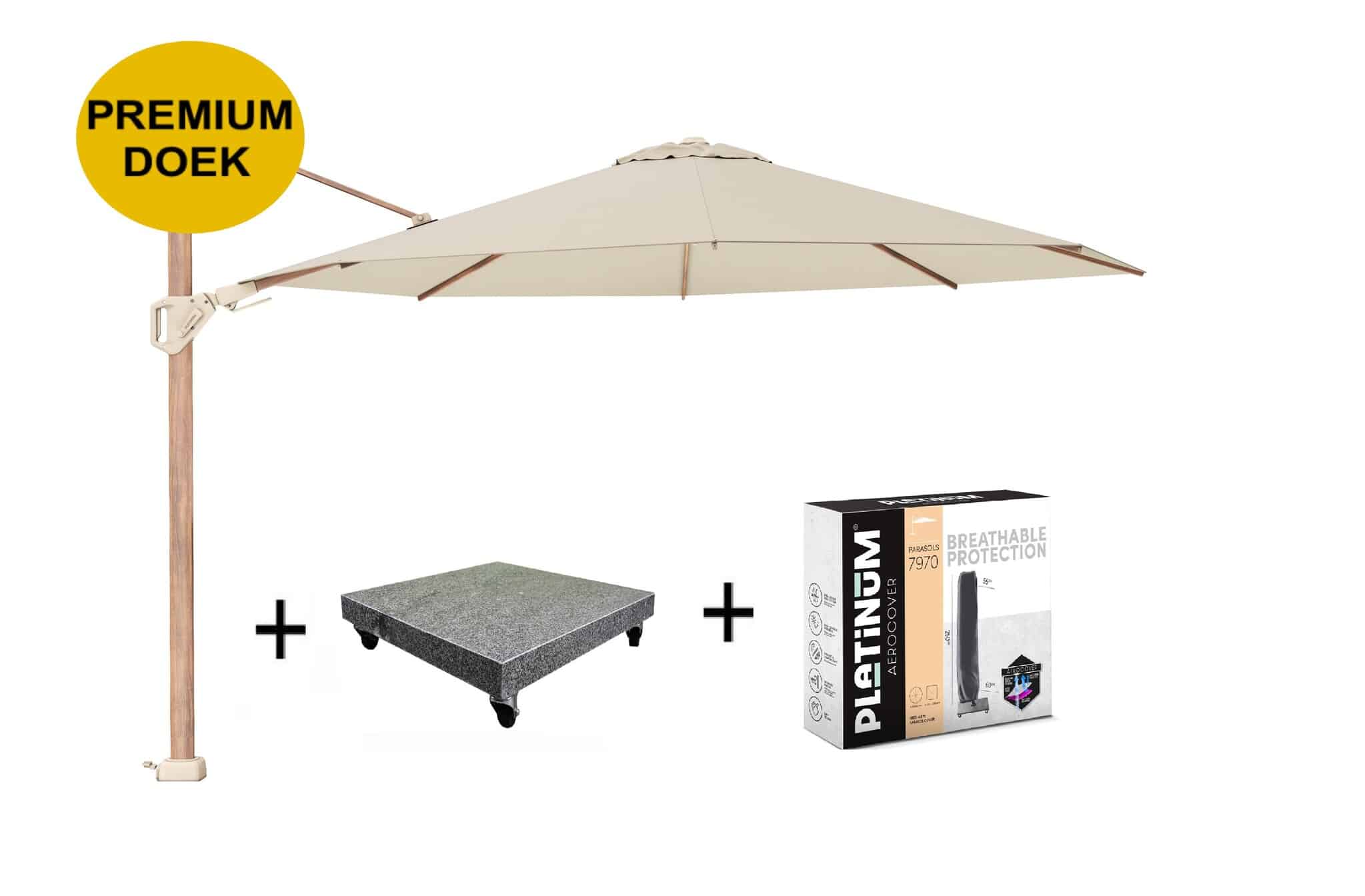 challenger t2 premiumØ350 cm teak champagne met 90 kg voet en hoes