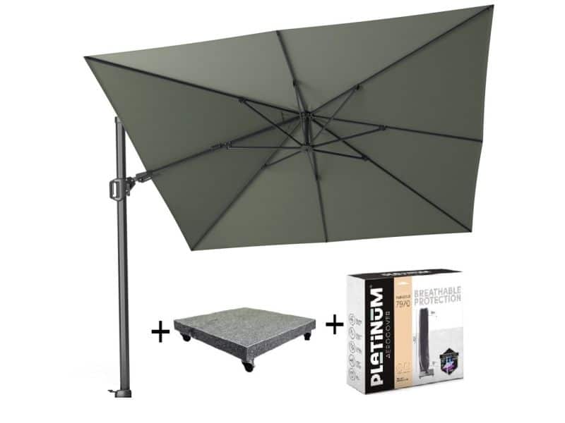 Challenger T2 zweefparasol 300x300 cm olijf met parasolvoet 90kg en hoes