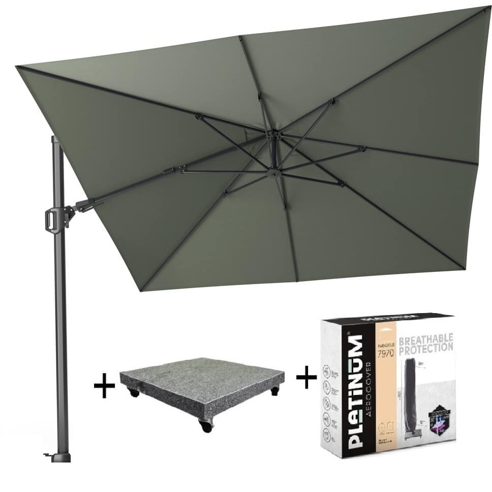 challenger t2 zweefparasol 300×300 cm olijf met parasolvoet 90kg en hoes