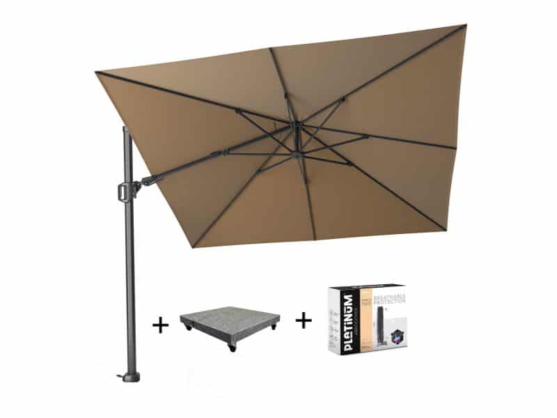 Challenger T2 zweefparasol 300x300 cm taupe met 90 KG voet en hoes