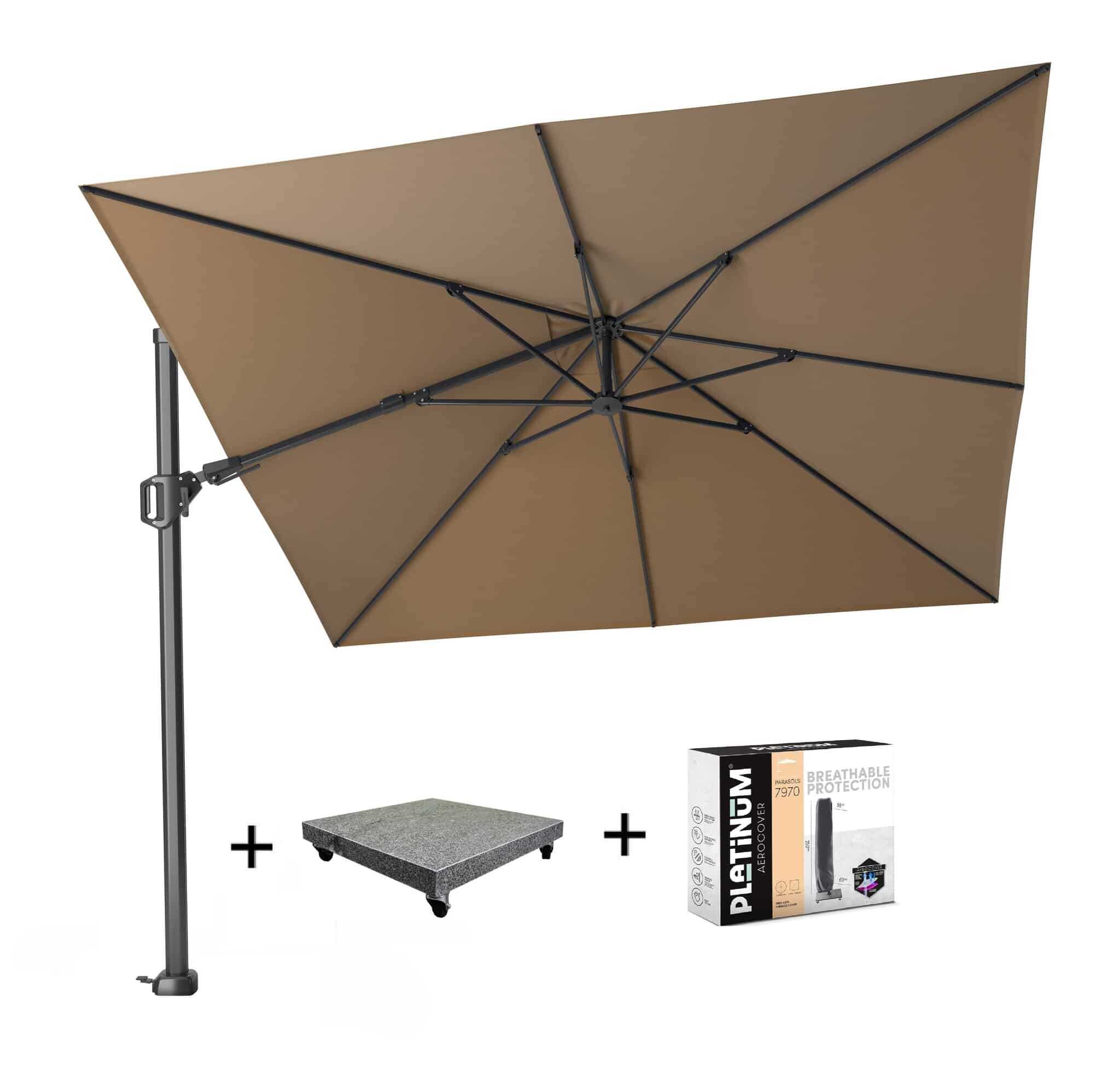 challenger t2 zweefparasol 300×300 cm taupe met 90 kg voet en hoes