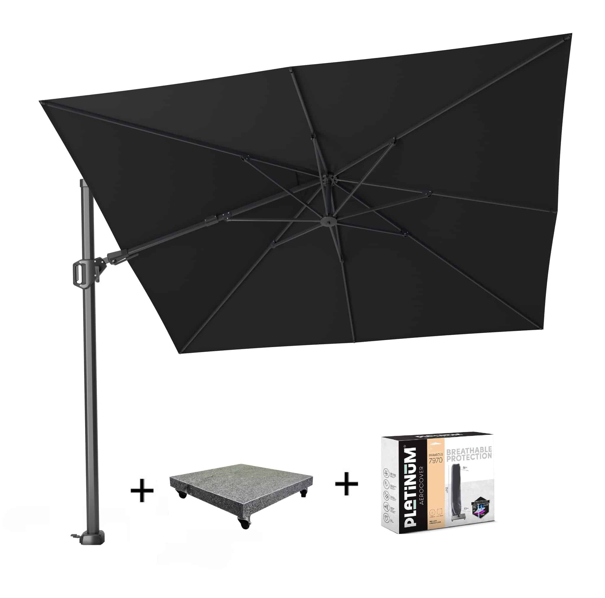 challenger t2 zweefparasol 300×300 cm zwart met 90kg voet en hoes