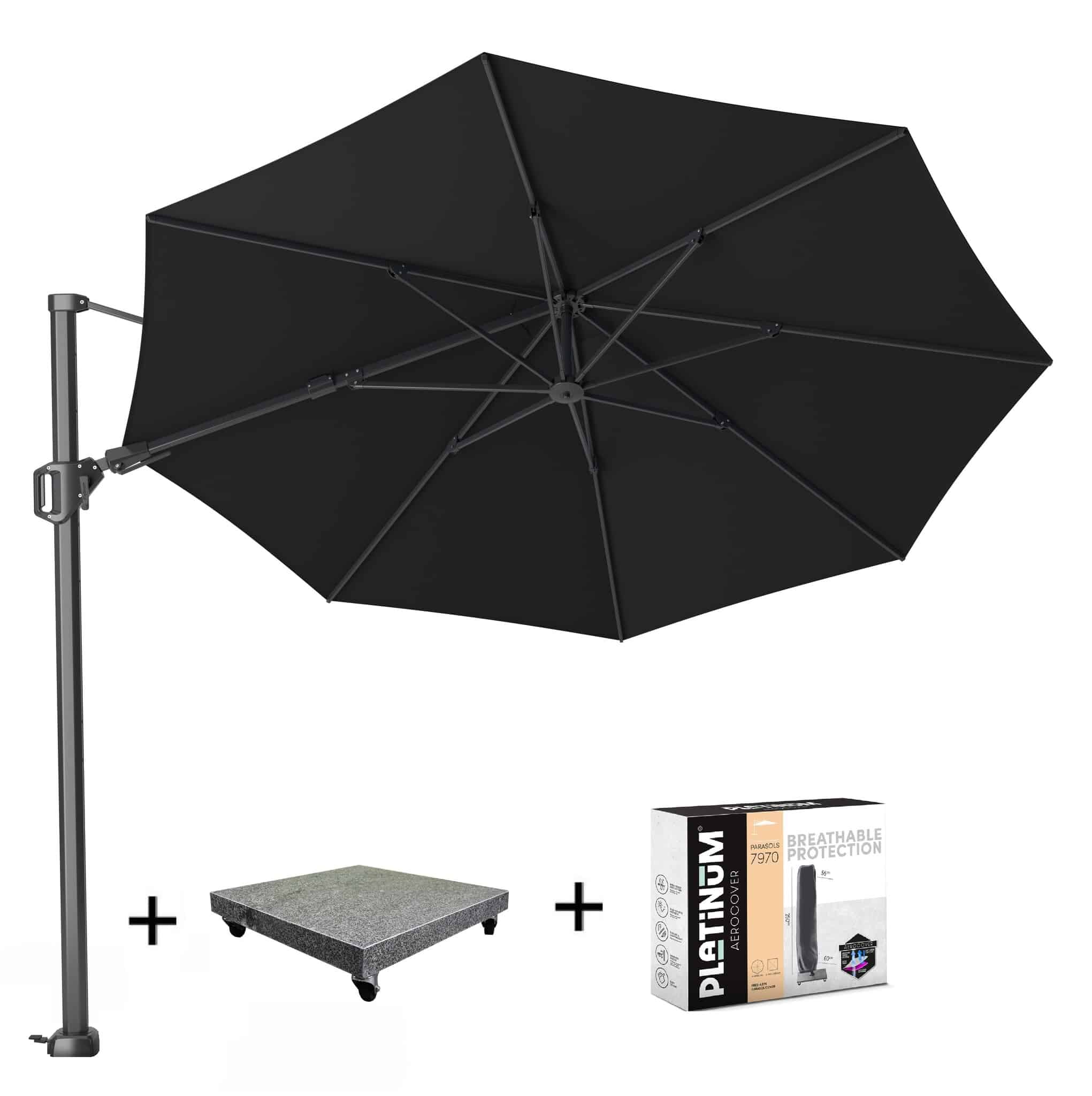 challenger t2 zweefparasol 350 cm rond zwart met 90kg voet en hoes