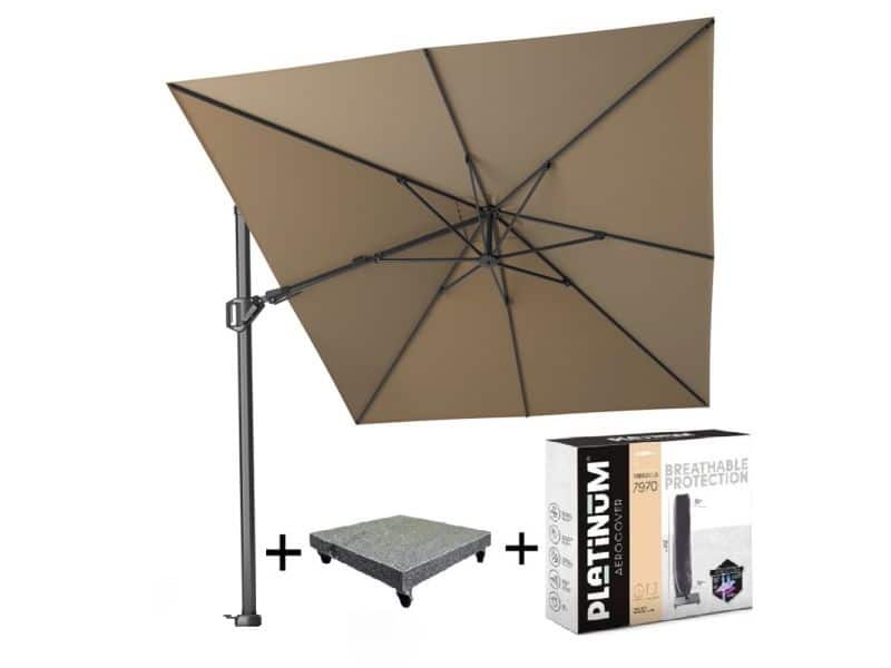 Challenger T2 zweefparasol 350x260 cm taupe met parasolvoet 90KG voet en hoes