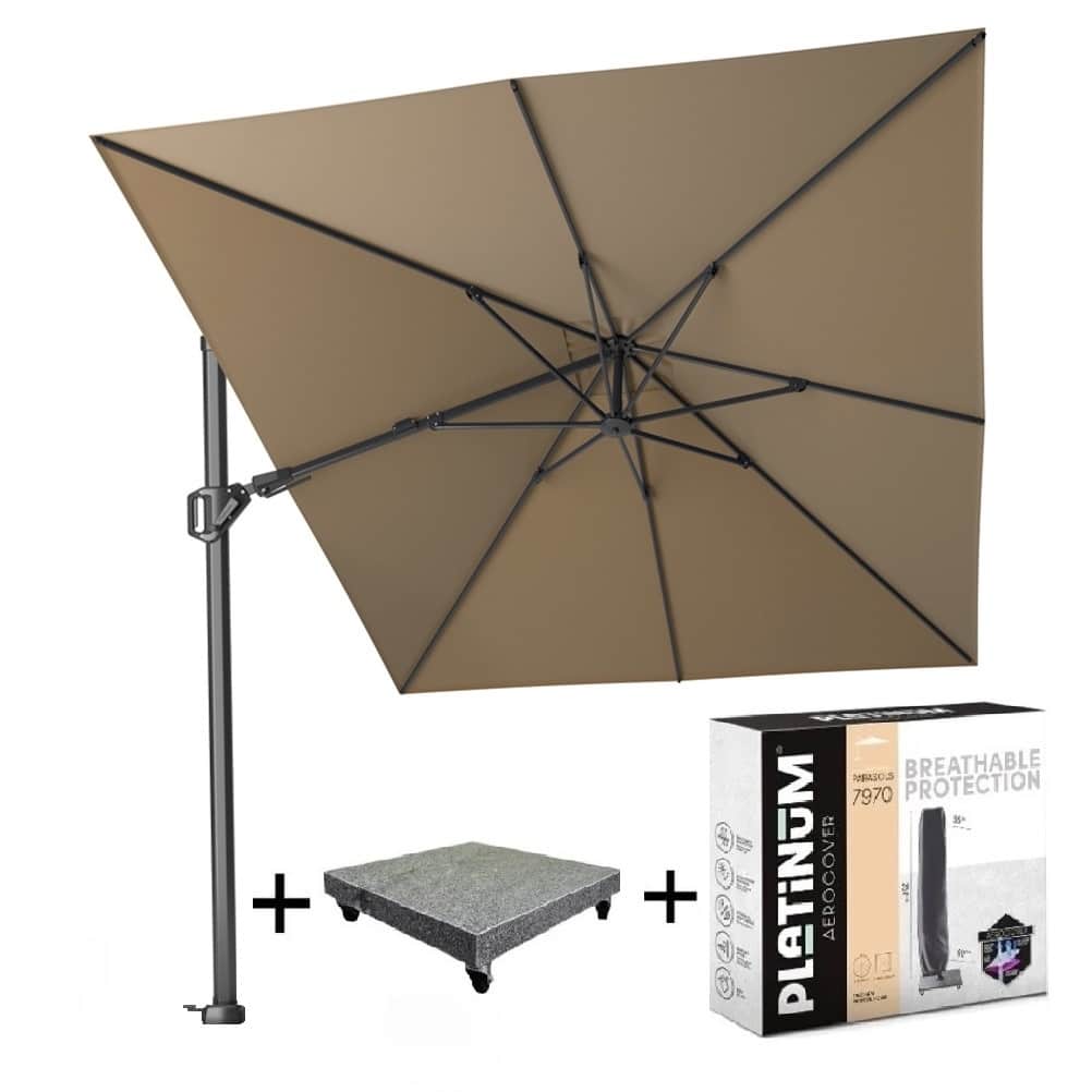 challenger t2 zweefparasol 350×260 cm taupe met parasolvoet 90kg voet en hoes