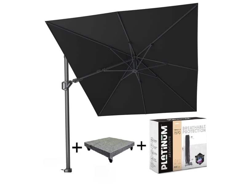 Challenger T2 zweefparasol 350x260 cm zwart met parasolvoet 90KG voet en hoes