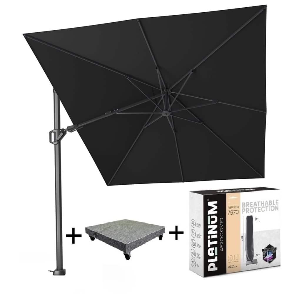 challenger t2 zweefparasol 350×260 cm zwart met parasolvoet 90kg voet en hoes