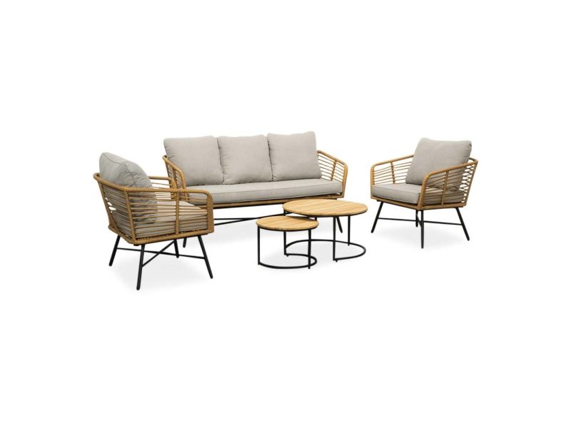 Flow stoel-bank loungeset 5 personen | wicker + teakhout | Bamboo taupe | 3-delig