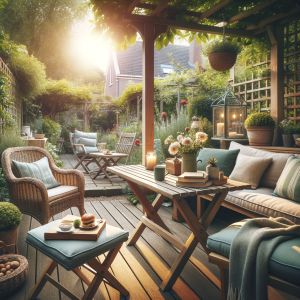 Gezellige tuin met houten terras en zitmeubilair