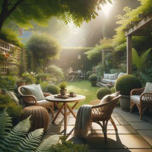 Zonnige tuin met comfortabele stoelen en groene planten