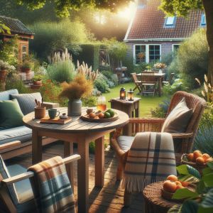 Gezellige zomertuin met houten tuinmeubels en kussens