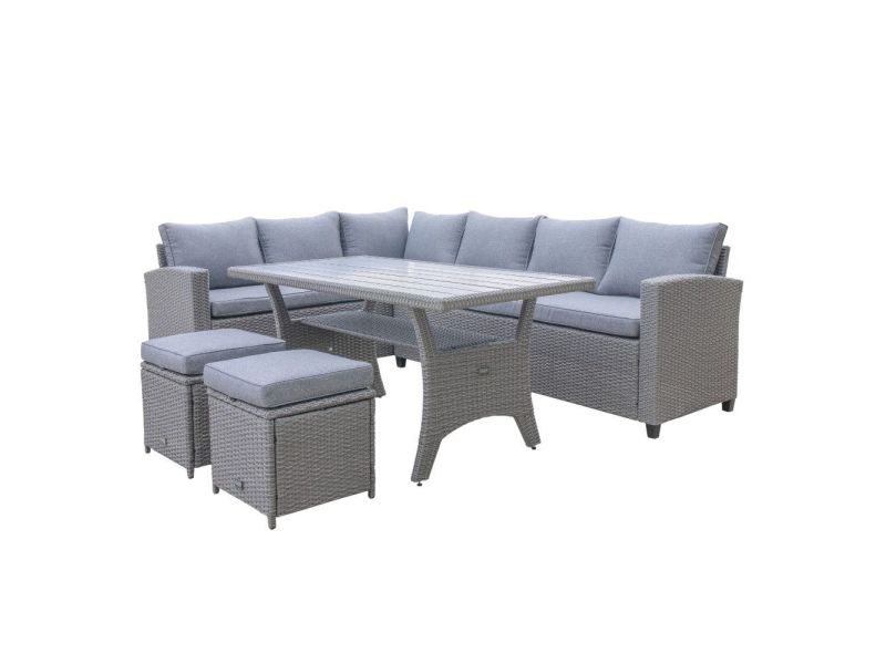 Stockholm dining loungeset met hockers 8 personen | wicker | grijs | 5-delig - 245x169cm